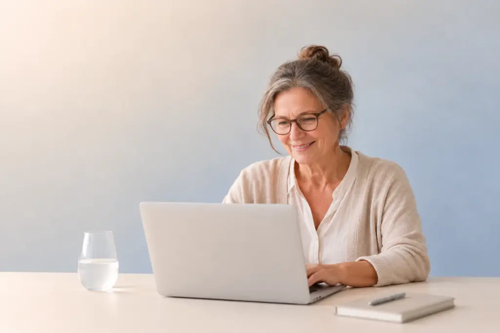 Ältere Frau arbeitet lächelnd am Laptop an einem hellen Tisch