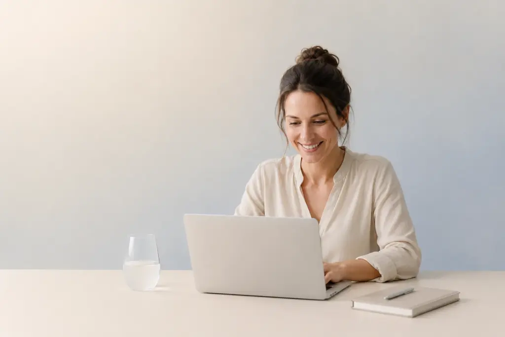 Lächelnde Frau sitzt mit Laptop und einem Glas Wasser an einem hellen Tisch
