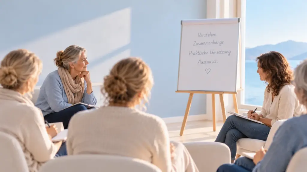 Gesprächsrunde mit mehreren Frauen vor einem Flipchart in einem hellen Raum mit Bergblick